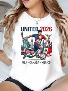 Image Showing A Soccer Player In Action Surrounded By Flags Of The United States, Canada, And Mexico, Next To Iconic Monuments That Symbolize Sporting Unity; Comfortable, Modern, And Casual Women's T-Shirt - White - View 1