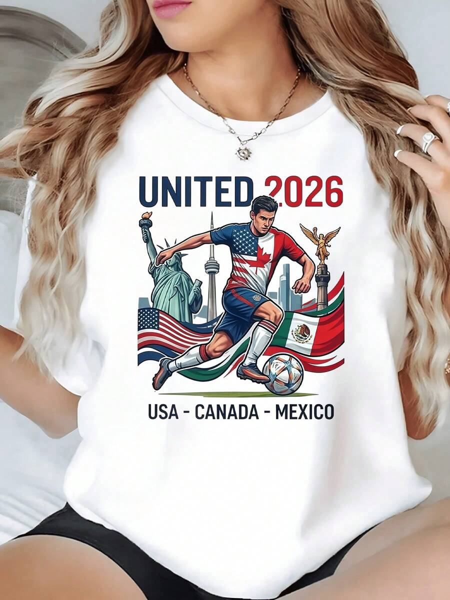 Image Showing A Soccer Player In Action Surrounded By Flags Of The United States, Canada, And Mexico, Next To Iconic Monuments That Symbolize Sporting Unity; Comfortable, Modern, And Casual Women's T-Shirt - White - View 1