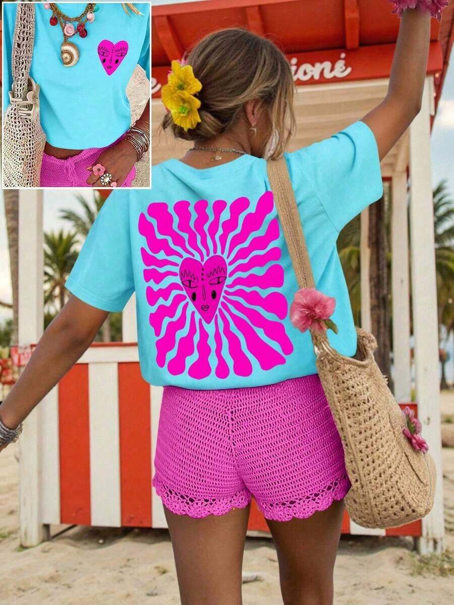 Camiseta de mujer, camiseta de manga corta con gráfico de estilo casual de calle, top de verano lindo - Azul - Ver 1