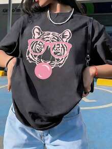 Green Short-Sleeved T-Shirt With A Round Neck, Loose And Versatile Style, With A Tiger Mouth And Bubble Print, Minimalist Summer Fashion For Women, Suitable For Everyday Wear And Holidays - 深灰色 - 查看 9