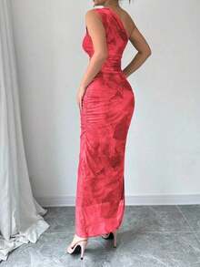 Vestido de noche de lujo para mujer, vestido sexy sin mangas con cuello asimétrico y estampado de teñido anudado - Rosa - Ver 2