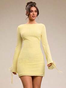 Vestido de textura amarillo claro para fiesta, escuela, vacaciones, cumpleaños, salida nocturna, verano, primavera, San Valentín, carnaval, vacaciones en la playa, Nashville, vestidos pastel, vestido sin espalda - Amarillo - Ver 6