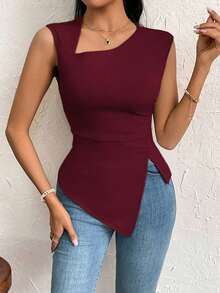 Camiseta de corte ajustado con mangas de obispo de unicolor elegante y simple para uso diario, vacaciones, fiestas y exteriores para mujeres - Burdeos - Ver 6