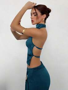 Top de satén sin espalda con cuello alto para mujer, ideal para fiestas - Agua verde azul - Ver 3