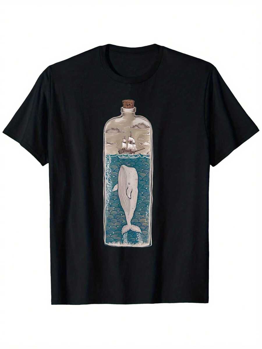 Men's Casual Cotton T-Shirt With Whale, Ship, And Ocean Wave Design - 100% Cotton, Stretchable, Crew Neck, Short Sleeve, Sizes S-XXXL, Machine Washable, All-Season Comfort - Black - View 1