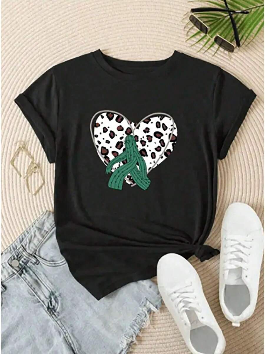 Women's Casual Heart Print Short Sleeve T-Shirt And Leopard Print - 黑色 - 查看 1