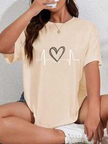 VintageCamiseta de manga corta para mujer con estampado Summer Love Monogrammed Casual Talla GrandeGraphic Tee - Albaricoque - Ver 7