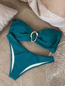 Nuevo conjunto de bikini negro sólido, sexy, elegante, casual, para playa, vacaciones y citas, sin tirantes, para primavera/verano - Azul marino - Ver 1