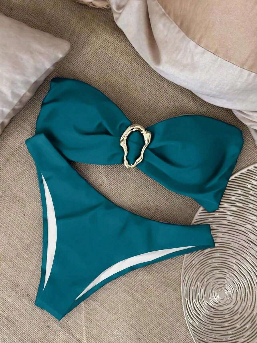 Nuevo conjunto de bikini negro sólido, sexy, elegante, casual, para playa, vacaciones y citas, sin tirantes, para primavera/verano - Azul marino - Ver 1