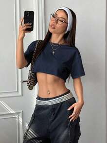 Top corto asimétrico de mujer con cuello blanco y flecos, camiseta de manga corta de moda versátil Y2K oversize y sexy, para primavera/verano - Azul marino - Ver 7