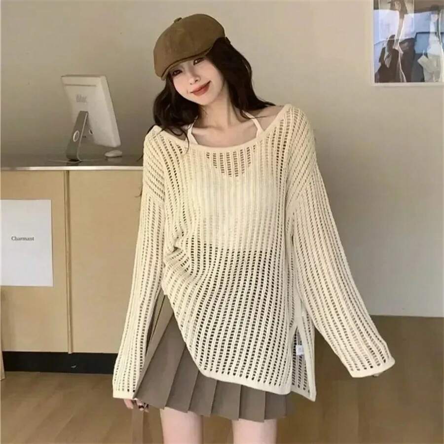 Y2K-Top corto calado de punto para mujer, camiseta Retro de manga larga, cárdigans transpirables con protección solar, camiseta parcheada - Albaricoque - Ver 1