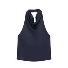 MUJER-Tops con cuello Halter para mujer, Top corto de satén con espalda descubierta, Tops de playa con hombros descubiertos para mujer, camisola Sexy, Top sin mangas para mujer - Azul marino - Ver 5