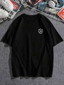 AnChiStreetwear - Camiseta de manga corta casual con estampado gráfico de amuleto de ala minimalista para hombres de talla grande, adecuada para ropa urbana, actividades al aire libre y uso diario - Negro - Ver 3