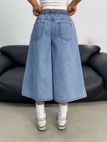 Pantalones vaqueros anchos de cintura con cordón de mezclilla elástica desgastada a la moda Y2K para adolescentes, pantalones cortos bohemios de verano para playa y vacaciones para niñas, conjuntos informales de verano para conciertos y festivales, - Azul lavado medio - Ver 2