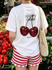 1 pieza Camiseta de mujer de manga corta y cuello redondo, suelta, con estampado brillante de cerezas rojas, adecuada para vacaciones, oficina, salidas, uso diario, citas, fiestas, reuniones, calle, carnaval festivales de música, San Valentín y ocasiones casuales de fiesta es color Camiseta cómoda de algodón Blanco - Blanco - Ver 5