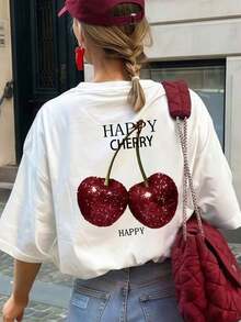 1 pieza Camiseta de mujer de manga corta y cuello redondo, suelta, con estampado brillante de cerezas rojas, adecuada para vacaciones, oficina, salidas, uso diario, citas, fiestas, reuniones, calle, carnaval festivales de música, San Valentín y ocasiones casuales de fiesta es color Camiseta cómoda de algodón Blanco - Blanco - Ver 8