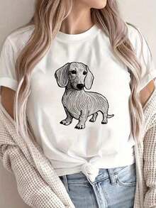100% cotton Camiseta de manga corta casual para mujeres con estampado de salchicha adorable - Diseño 3D transpirable, cuello redondo, perfecta para primavera, verano y otoño, camiseta de vestir informal Estampado de perro juguetón uste cómodo, camiseta de perro - Blanco - Ver 1