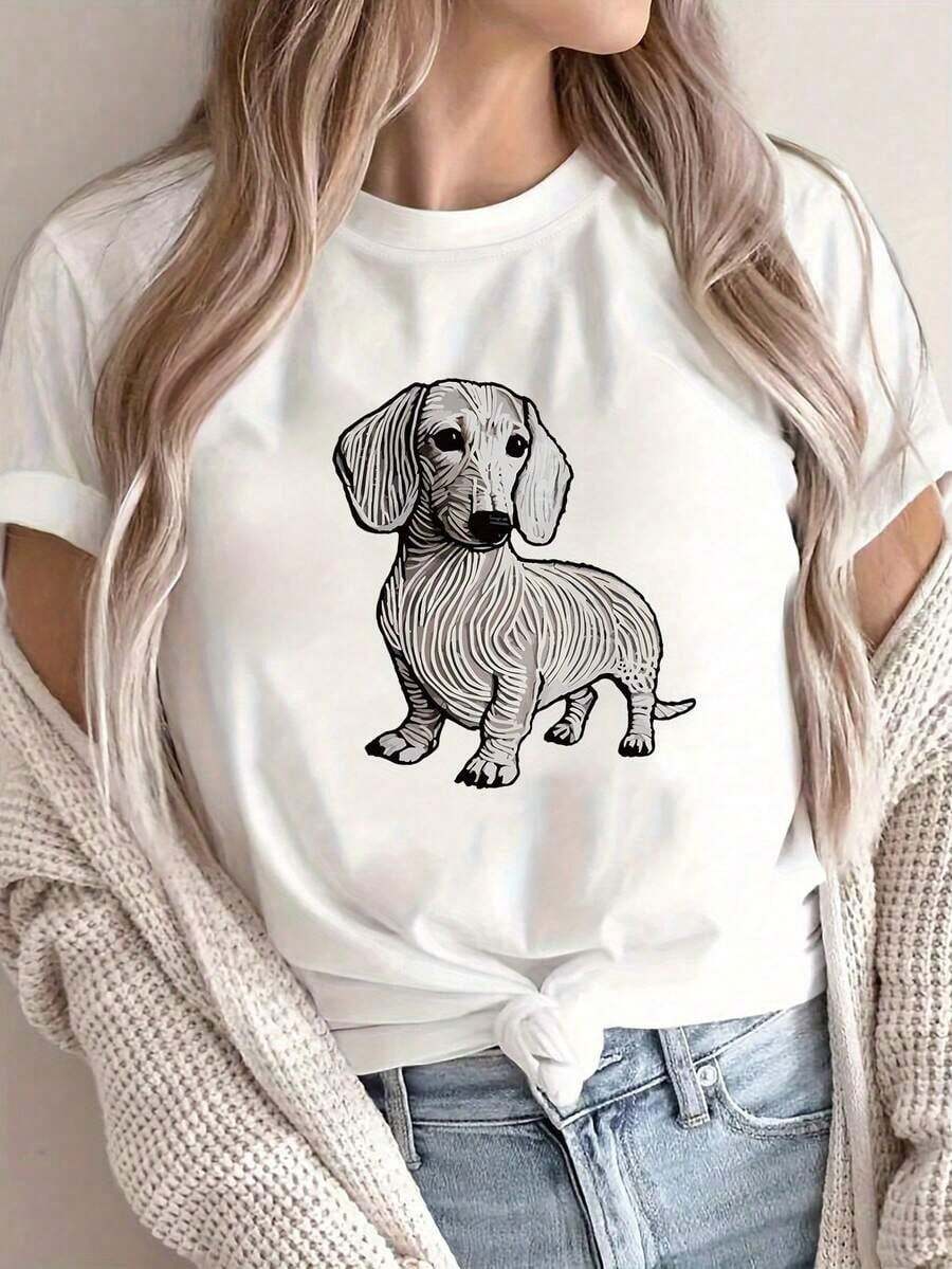100% cotton Camiseta de manga corta casual para mujeres con estampado de salchicha adorable - Diseño 3D transpirable, cuello redondo, perfecta para primavera, verano y otoño, camiseta de vestir informal Estampado de perro juguetón uste cómodo, camiseta de perro - Blanco - Ver 1