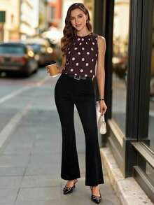 Blusa sin mangas con pliegues y estampado de lunares para mujer - Burdeos - Ver 3