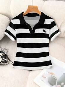 Blusa casual de mujer con cuello polo a rayas y manga corta - Blanco y Negro 2 - Ver 4