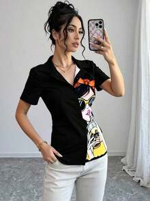 Blusa de mujer con estampado de chica de moda, manga corta y abotonadura, top de manga corta - Negro - Ver 3