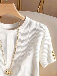 Elegante camiseta de punto de cuello redondo, top de punto minimalista de moda, primavera/verano - Blanco - Ver 3