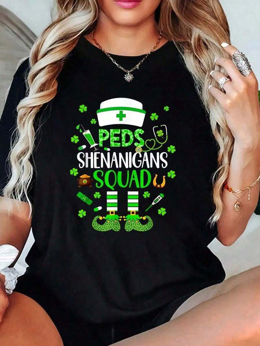 100% Cotton Women's Cotton T-Shirt, PEDS Pediatric Nurse T-Shirt, St. Patrick's Day T-Shirt, Cute Women's T-Shirts - 黑色 - 查看 1