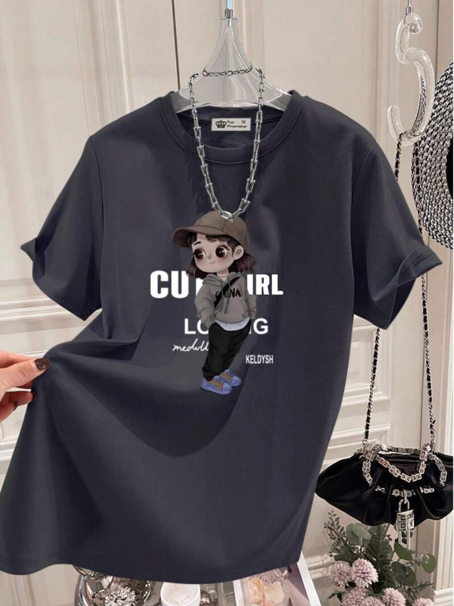 Women's Casual Shirt With Print, Short Sleeves, Round Neck, Spring/Summer Local Urban Fashion. MYM6 - 深灰色 - 查看 1