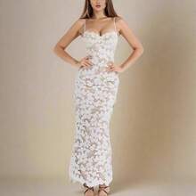 Vestido Largo Blanco Elegante, Escote Bandeau con Lazos, Encaje Sensual Corte Ajustado para Noche - Blanco - Ver 8
