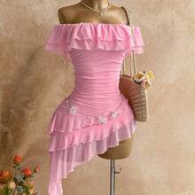Spring & Summer Vacation Knit Mesh Strapless Fitted Tiered Ruffle Asymmetric Hem Dress, Suitable For Garden Party, Tea Party, Flower Arranging, Date, Bohemian, Boho, Vacation,Summer Dresses For Women - Rosa - Ver 2