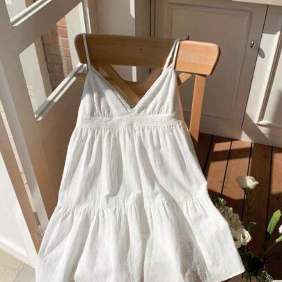 Women's Summer Vacation Casual Cotton And Linen White Hollow Embroidery Patchwork Spaghetti Straps Mini Dress,Summer Dresses For Women,White Dresses For Women - Blanco - Ver 1