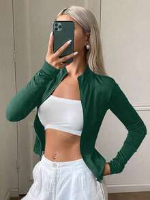 Chaqueta delgada casual de manga larga y ajuste ceñido para mujer, ropa casual de calle para otoño - Verde Oscuro - Ver 2