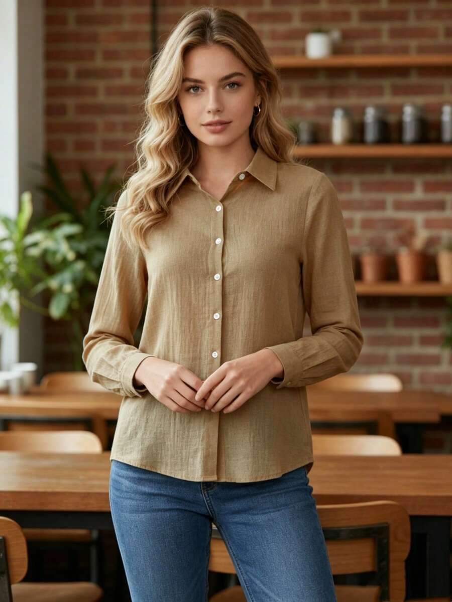 Women's Cotton Linen Blouse With Long Sleeves, Plus Size - 棕色1 - 查看 1