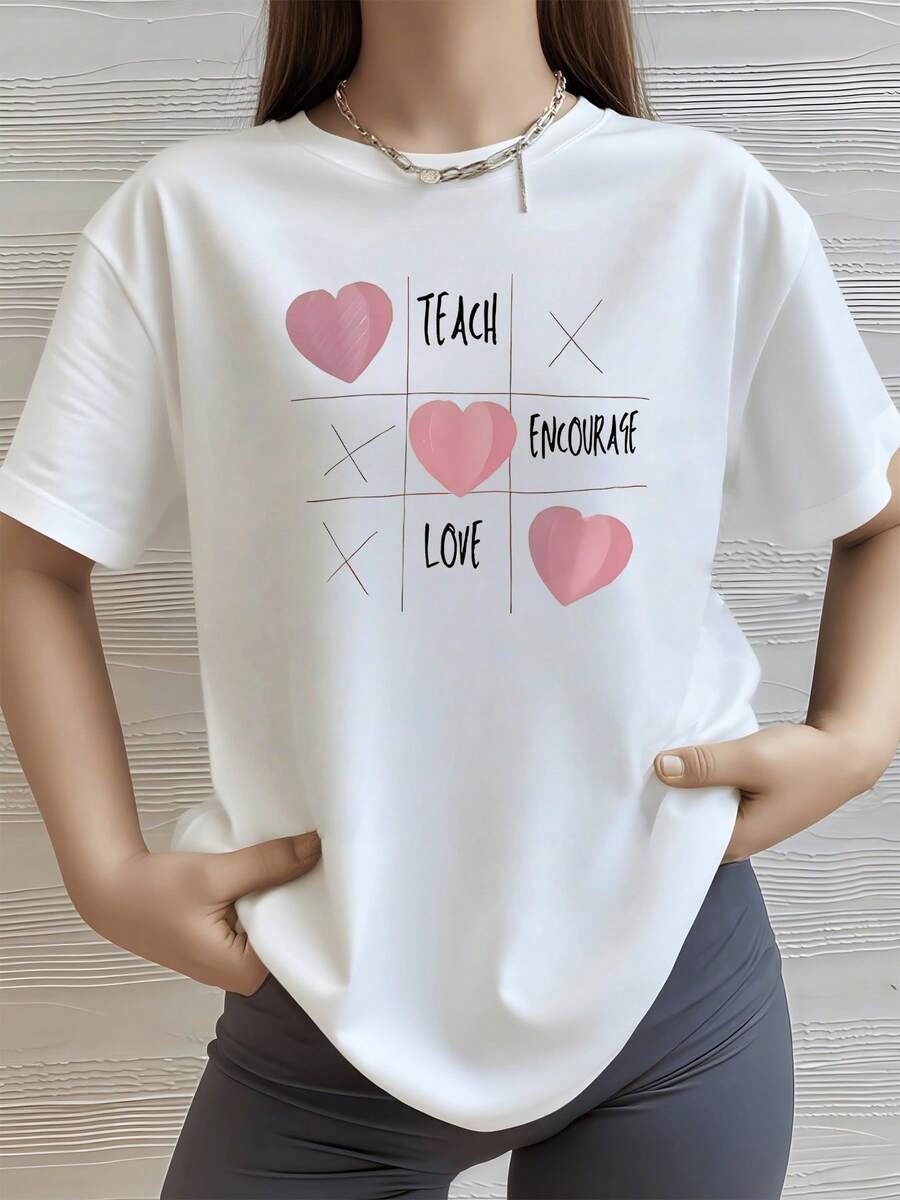 Corazones rosados en forma de juego de tres en raya que inspiran enseñar motivar y amar reflejando empatía y energía positiva camiseta de mujer casual moderna cómoda para uso diario - Blanco - Ver 1