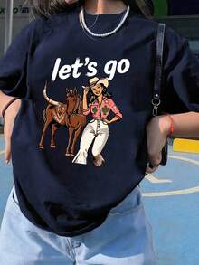 Camiseta de mujer de manga corta, estampado vaquero, diseño de chica vaquera y caballo con lema en letras blancas, prenda en color azul marino, cuello redondo casual - MARINO - Ver 6