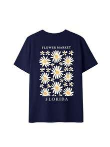 Women's Loose Fit T-Shirt With Sunflower And Letter Print, Short Sleeve And Round Neck, Casual And Modern, Ideal For Spring, Holidays And Outings - 海軍 - 查看 2