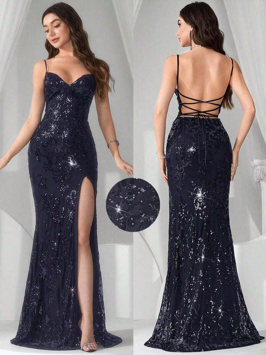 Vestido de noche con abertura alta en el muslo, con lentejuelas y diseño de patchwork, con espalda descubierta y silueta de sirena para mujer - Azul marino - Ver 1