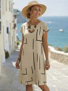 Vestido de verano casual para mujer con estampado integral, cuello redondo y mangas tipo murciélago.Vestidos de verano para mujeres, vestidos tipo camisera para mujeres - Pearl White - Ver 4