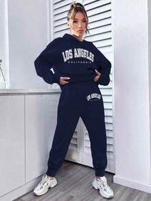 Teen Girl Letter Pattern Warm Hoodie And Sweatpants Casual Set - Royal Blue - View 4