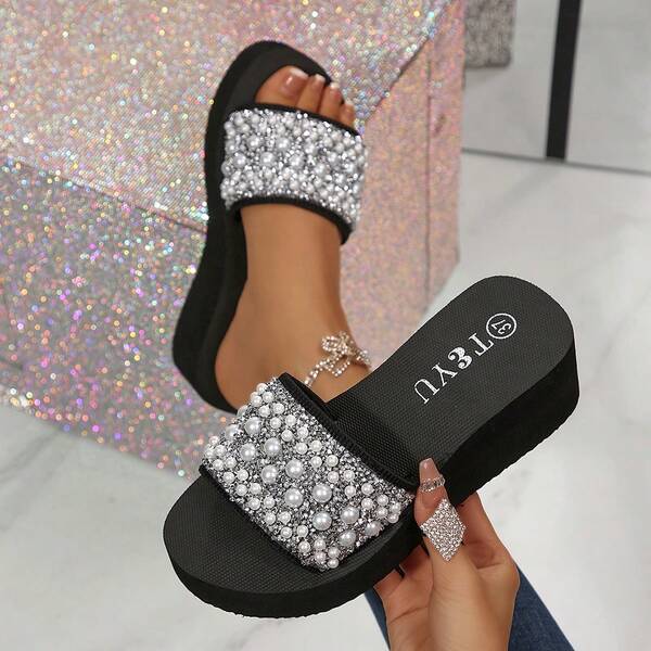 Women's Rhinestone & Faux Pearl Decor Strap Thick-Sole Beach Slippers, Vacation Style For Outdoor Wear