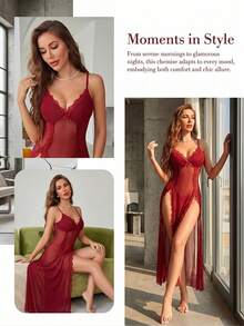 2-Piece Sexy Lingerie Sleepwear Set For Women – Includes Lace V-Neck Chemise Nightdress And Matching Panties, Sheer Mesh Nightwear With Side Split, Enhances Feminine Charm, Perfect For Daily Wear, Romantic Nights - Màu Đỏ Sâu - Xem 3