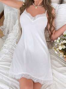 Camisón de pijama con tirantes y adorno de encaje para mujeres - Blanco - Ver 7