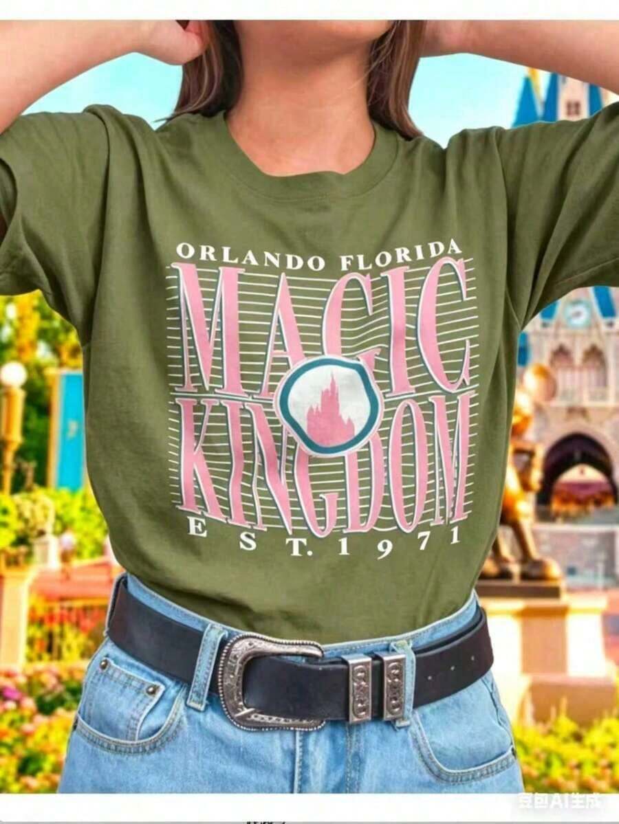 Camiseta de manga corta informal de verano para mujer CHICLY19 100% algodón, de talla grande, con estampado gráfico del Magic Kingdom - Blanca, de manga corta, de talla grande, con texto retro "MAGIC KINGDOM", estampado de castillo y "ORLANDO FLORIDA EST. "Diseño de 1971. Camiseta de algodón suave de corte holgado, perfecta para visitas a parques temáticos, vacaciones, viajes familiares y uso diario informal. Camiseta popular de temática nostálgica, corte cómodo y relajado, ideal para fans de parques de atracciones, viajeros y vacacionistas. - Verde - Ver 1