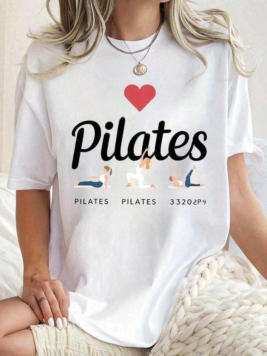 Camiseta Deportiva Casual para Mujer con Estampado de Corazón en Inglés, Creativa y Divertida, Cuello Redondo, Manga Corta, Cómoda para el VeranoConjuntos de Vacaciones de Verano 2026 - Blanco - Ver 1
