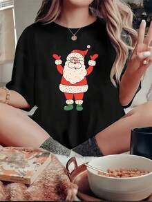 1 camiseta navideña Wowo, diseño festivo de Papá Noel, 180G, regalo perfecto, adecuada para reuniones familiares, fiestas navideñas de oficina, ropa casual única, ideal para usar en otoño. WIRX - Negro - Ver 1