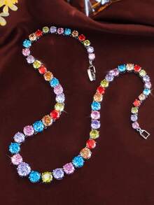 1pc Top Purple Pink Cubic Zirconia Round Tennis Chain Necklace Choker For Women, Wedding, Bridal Party, Costume Jewelry - Round - View 4