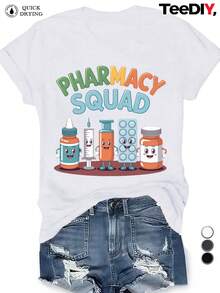 Plus Size Women's T-Shirt With Cartoon Pharmacy Equipment Design - Medicine Bottle Pattern And Pharmaceutical Symbols, Comfortable Round Neck, Short Sleeve, Casual Wear For Work And Daily Use In Pharmacies, Gift For Pharmacists, Suitable For All Seasons. - 白色 - 查看 7