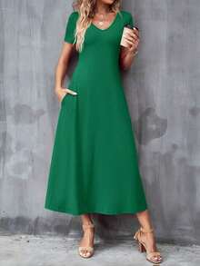 Vestido unicolor con bolsillo oculto escote V - Verde - Ver 1