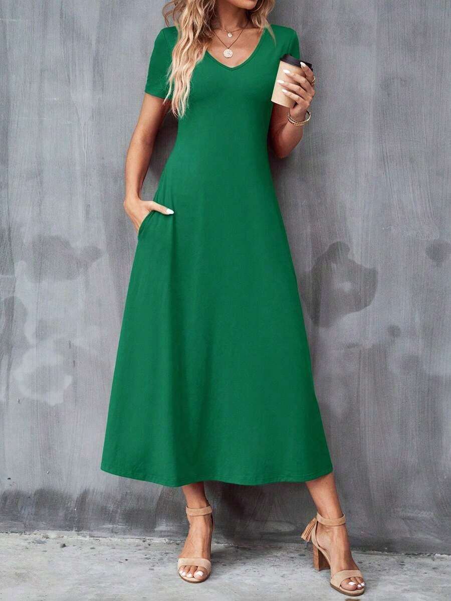 Vestido unicolor con bolsillo oculto escote V - Verde - Ver 1