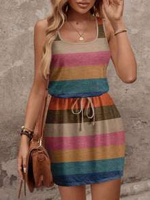 Vestido corto casual de mujer con estampado de hojas azul y blanco, adecuado para primavera/verano, casual - Multicolor 3 - Ver 1